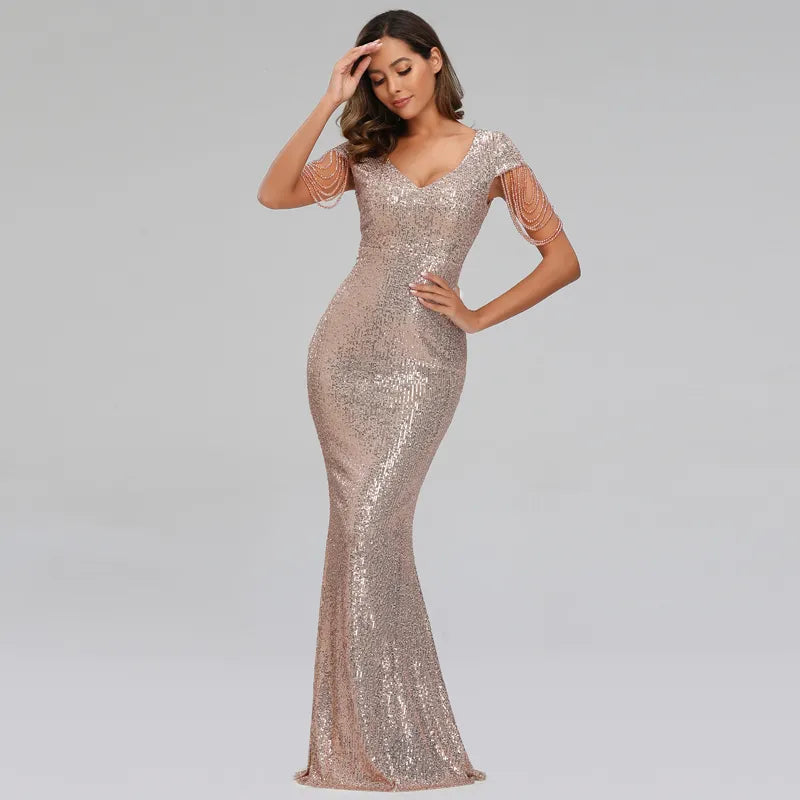 YIDINGZS 2022 New Women Sequin Evening Dress Elegant V Neck Beaded Party Bodycon Maxi Dress