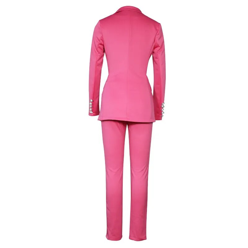 Spring Office Ladies Women's Pantsuit Double-Breasted Button Tops Casual Slim Caual Blazer and Pants Suits Set For Women