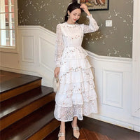 Summer Lace Flower Embroidery Long Cake Dress Women A-Line Long Sleeve Six Layers Ruffles Dress Runway Elegant Party Dress A383