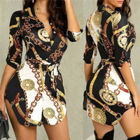 Women Sexy Summer Boho Midi Party Dresses Chain Print Stand Collar Single-breasted Shirt Dress