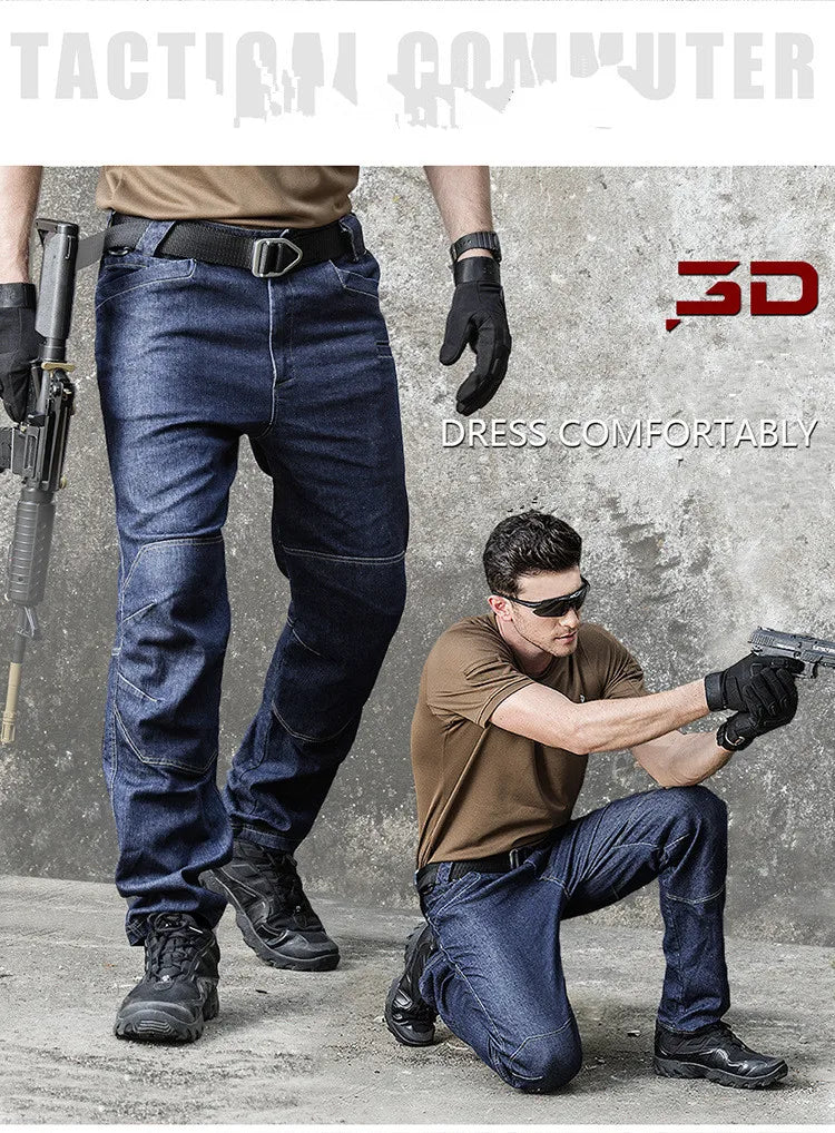 Men's  Jeans Pants Fall Military Straight Denim Tactical Long Trousers Stretch City Security Special Force Combat Pant Trousers