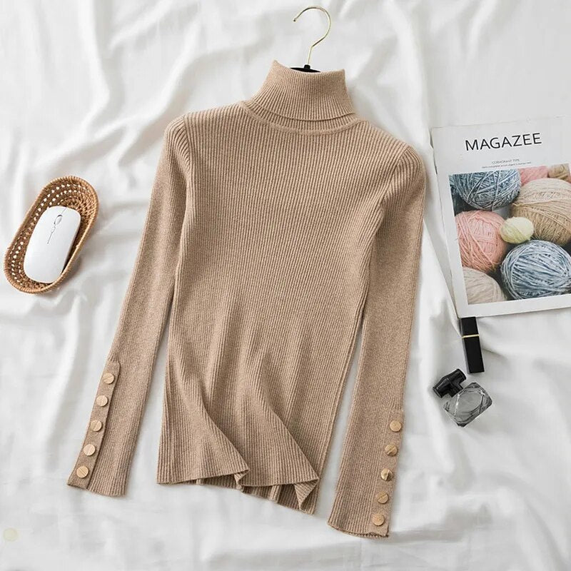 2023 autumn winter women thick sweater pullovers long sleeve button Turtleneck chic Sweater Female Slim knit soft jumper tops