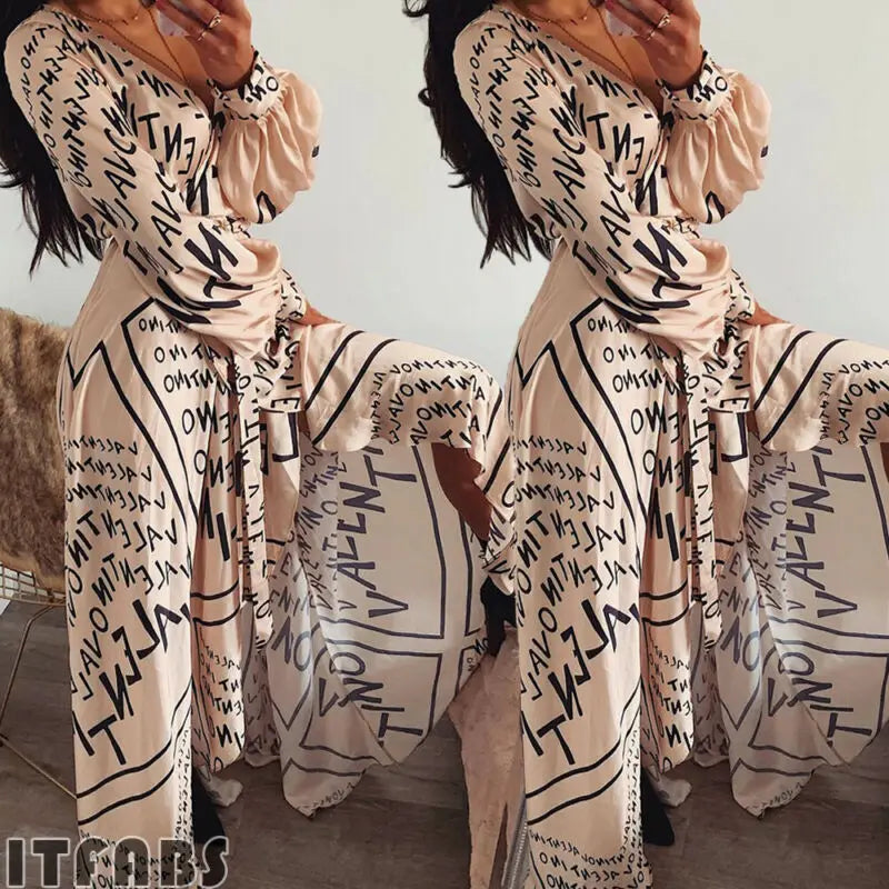 Fashion Women Boho Long Sleeve Maxi Dress V-Neck Letter Thigh Slit Evening Stylish Party Beach Dresses