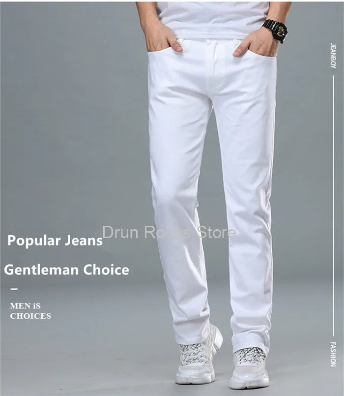 White Jeans Men Plus Size 36 38 40 Loose Oversized Red Trousers Stretched Denim Mens Casual Slim Fit Straight Elastic Man Pant