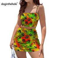 Women Sexy Bodycon 2 Piece Dress Sets Jamaica Leaf Printed New Trend Summer Reggae Style Crop Tops and Mini Skirt Outfits