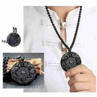 Natural Black Synthetic Obsidian Hand Carved Chinese Dragon Phoenix BaGua Lucky Amulet Peace Mascot Pendant Necklace For Women