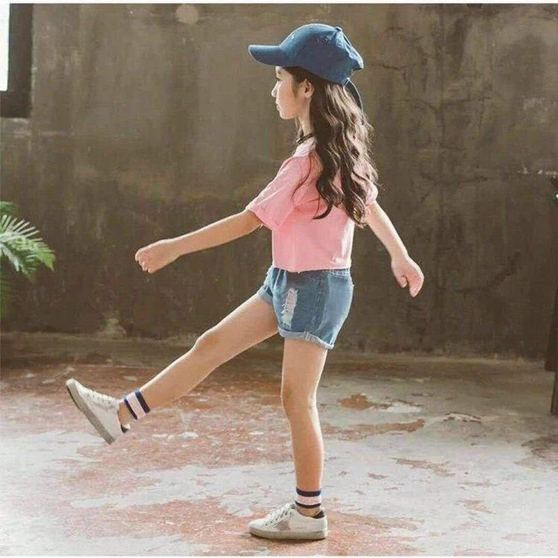 2023 Kids Girls Clothes Set Summer Short Sleeve T-shirt + jeans shorts hot pants Outfits Baby Clothing 4 5 6 7 8 9 10 11 12 year