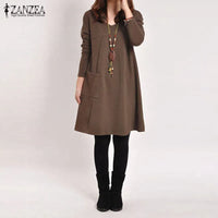 Zanzea 2023 Autumn Winter Women Long Sleeve Pocket Dress Solid O Neck Casual Loose Dresses Vestidos  S-