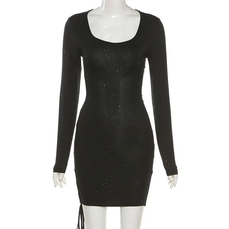 Black Long Sleeve Sexy Lady Lace Up Bandage Bodycon Slim Hollow Out Dresses Glitter Sequins Party Night Club Autumn Mini Dress