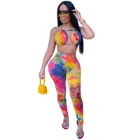 Tie Dye Print Sexy Jumpsuit Clubwear Women Rompers Halter Hollow Out Backless Party Bodycon Overalls for Women Macacao Feminino