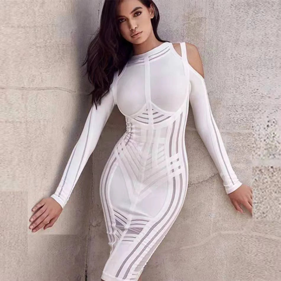 2021 Autumn New Sexy Women'S Bandage Dress Long-Sleeved Mesh Stitching Bodycon Dress Club Celebrity Evening Party Vestidos