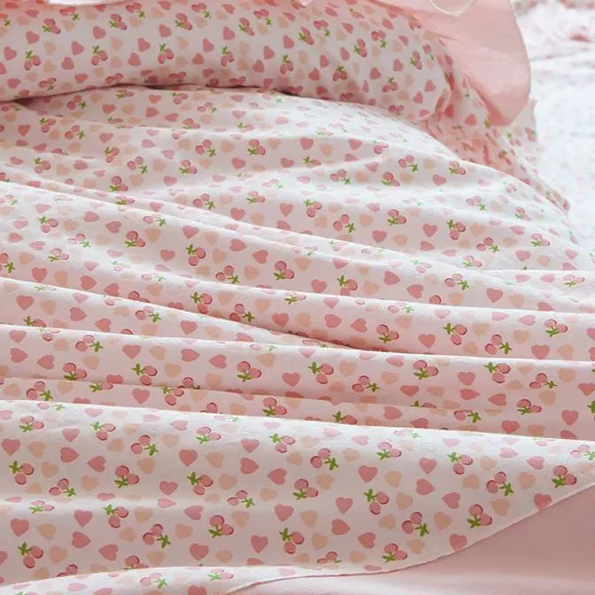 Cherry Printing 100 Cotton Bedding Sets King Queen Size Lace Bow Quilt/Duvet Cover Ruffles Bedspread Bed Skirt Linen Pillowcases