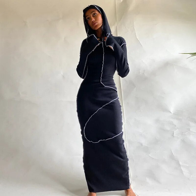 2023 Long Sleeve Hooded Patchwork Skinny Maxi Dress Autumn Winter Women Fashion Streetwear Casual Outfits