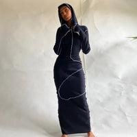 2023 Long Sleeve Hooded Patchwork Skinny Maxi Dress Autumn Winter Women Fashion Streetwear Casual Outfits