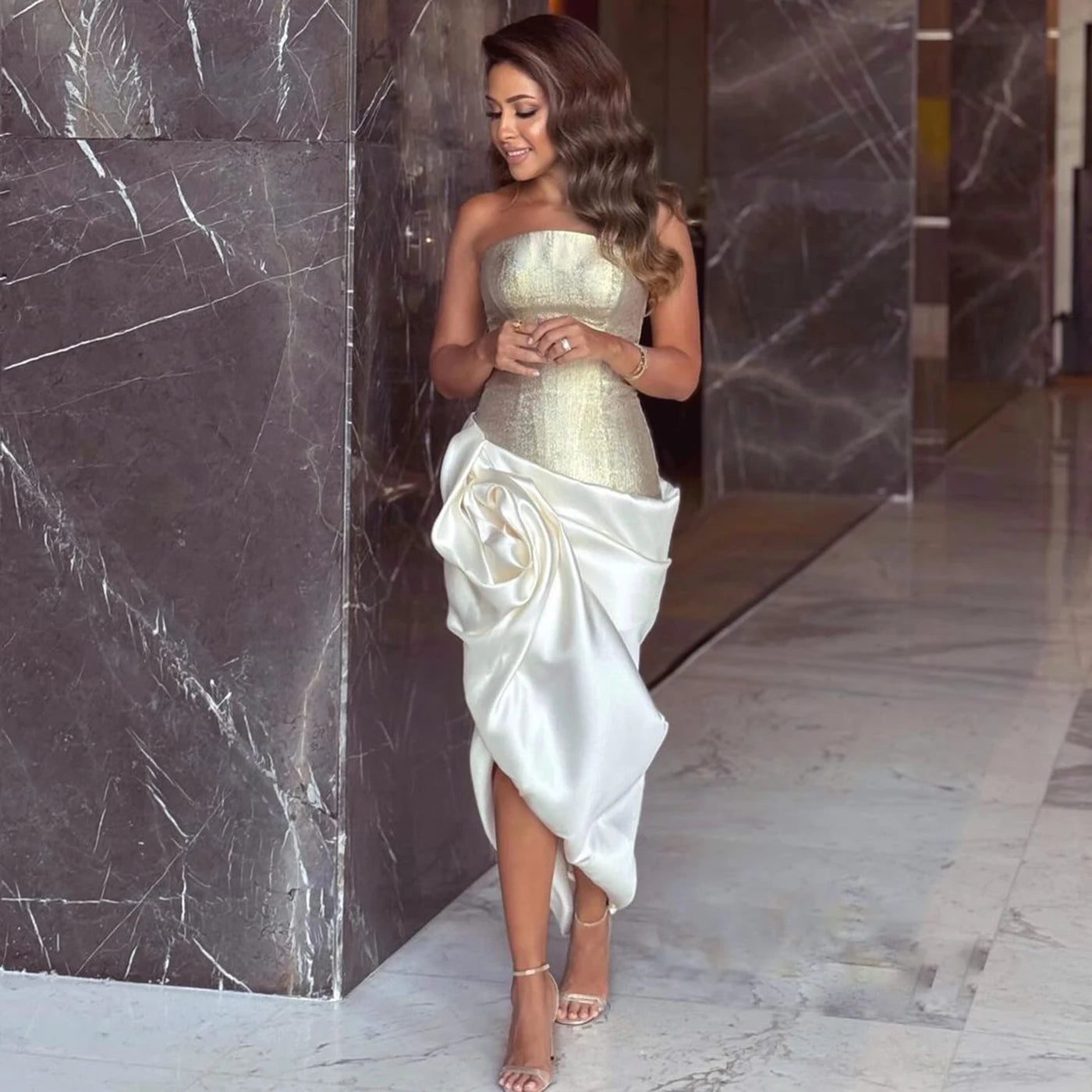Sharon Said SF416 Dubai Strapless Formal Elegant Evening Dress Ruffles Pleat 3D Flowers Mermaid Silhouette Satin Women Wedding