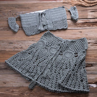 Crochet Two Piece Set Summer Beach Dress Hand Knitted Hollow Out Crop Top Mini Skirt Sheer Fishnet Cover Up Casual Suits