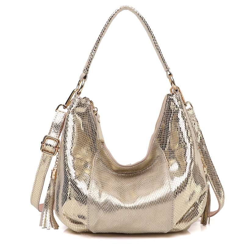 100% Real Leather Shoulder Bag Metallic Color Serpentine Embossed Handbag Female Casual Stylish Tote Hobos Cross Body Bags New