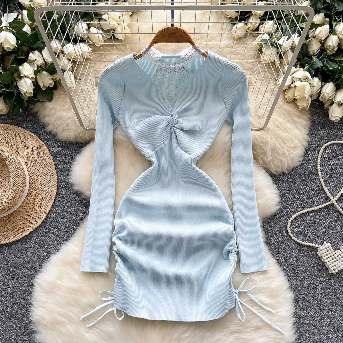 Summer Y2K Halter Bandage Hip Midi Dress for Women Empire Patchwork Mesh Dress