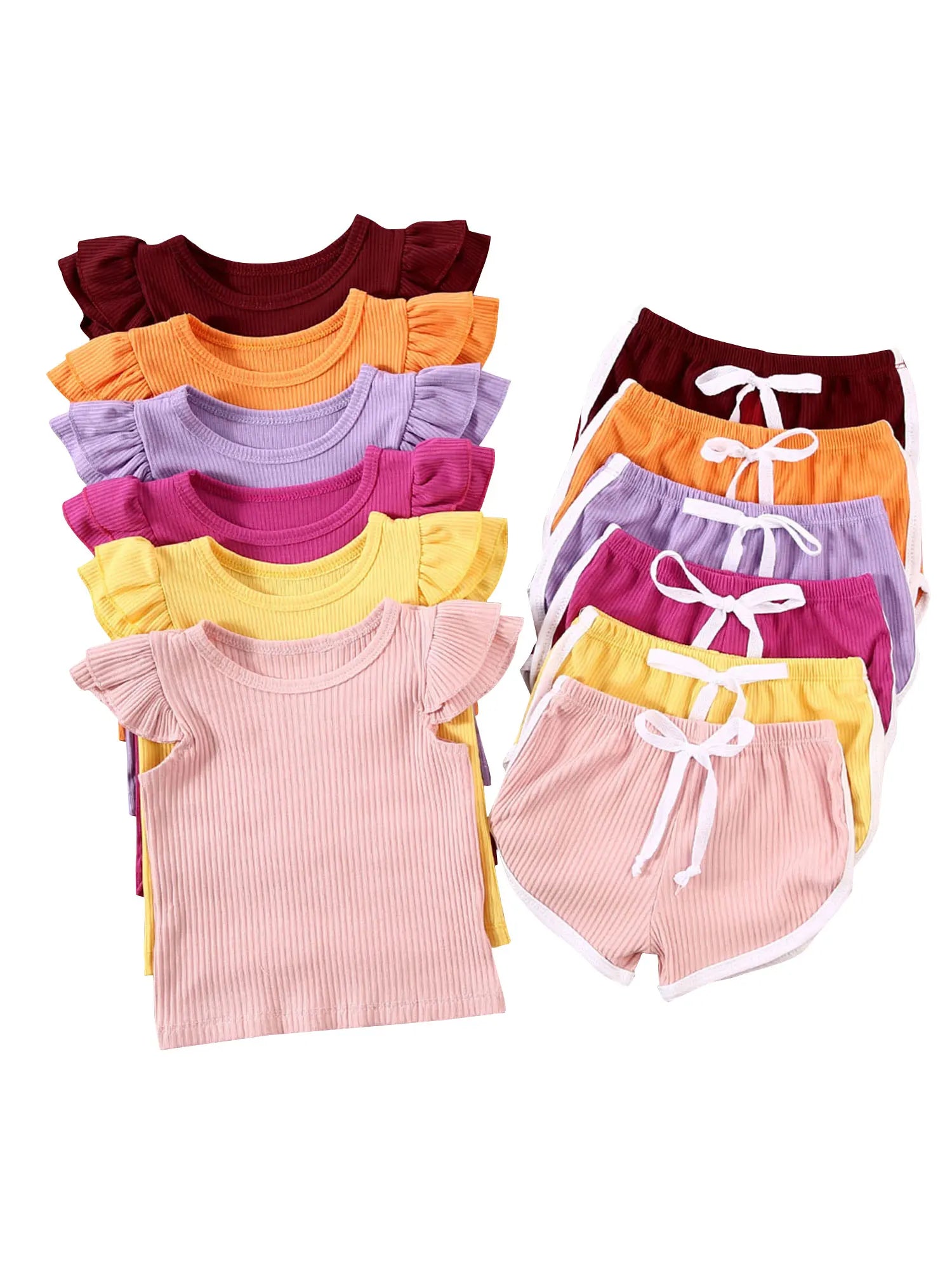 2020 Summer Infant Baby Girls Boys Clothes Sets Ruffles Short Sleeve Pullover T Shirts Shorts Solid Outfits