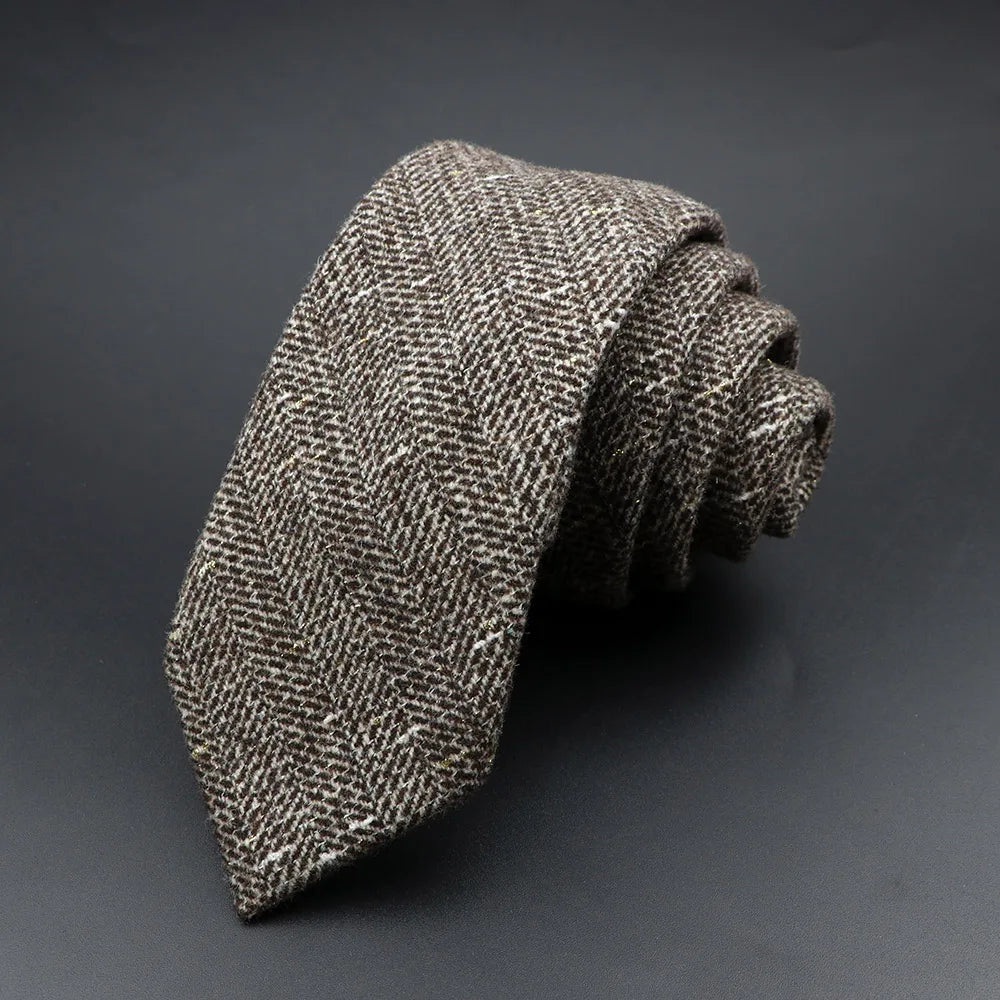 Classic Brown Grey Plaid Striped Wool Necktie Narrow Collar Slim Cashmere Tie For Man Suit Party Casual Accessory Cravat Gift