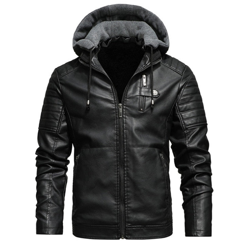 Men's Fleece Liner PU Leather Jackets Coats With Hood Autumn Winter Casual Motorcycle Jacket For Men Windbreaker Biker Jackets