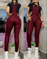 Women Fashion Buckled Zipper Design PU Suspender Jumpsuit