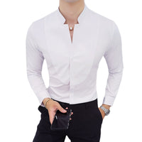 New Men Business Shirts Black/White Fashion Elegant Male Stand Collar Long Sleeve Tops Homme Wedding Party Dresses