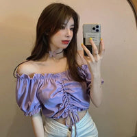 Fashion Blouses Woman Sexy Off Shoulder Crop Top Ruffles Shirt Puff Sleeve Harajuku Tee Shirt Chiffon Youth Elegant Blouse