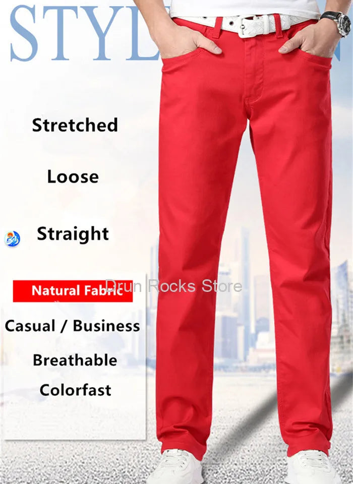 White Jeans Men Plus Size 36 38 40 Loose Oversized Red Trousers Stretched Denim Mens Casual Slim Fit Straight Elastic Man Pant