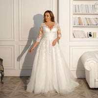 Modest Wedding Dress 2022 V Neck 3/4 Lace Sleeves Applique A Line White/ Ivory Tulle Bridal Gown Wedding Dresses Plus Size