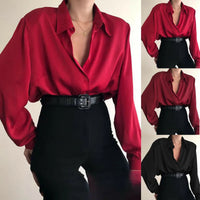 Women Button Blouses Turn Down Collar Shirts Office Lady Long Sleeve Casual Blouse Loose OL Shirt Baggy Tops Red/Wine Red /Black