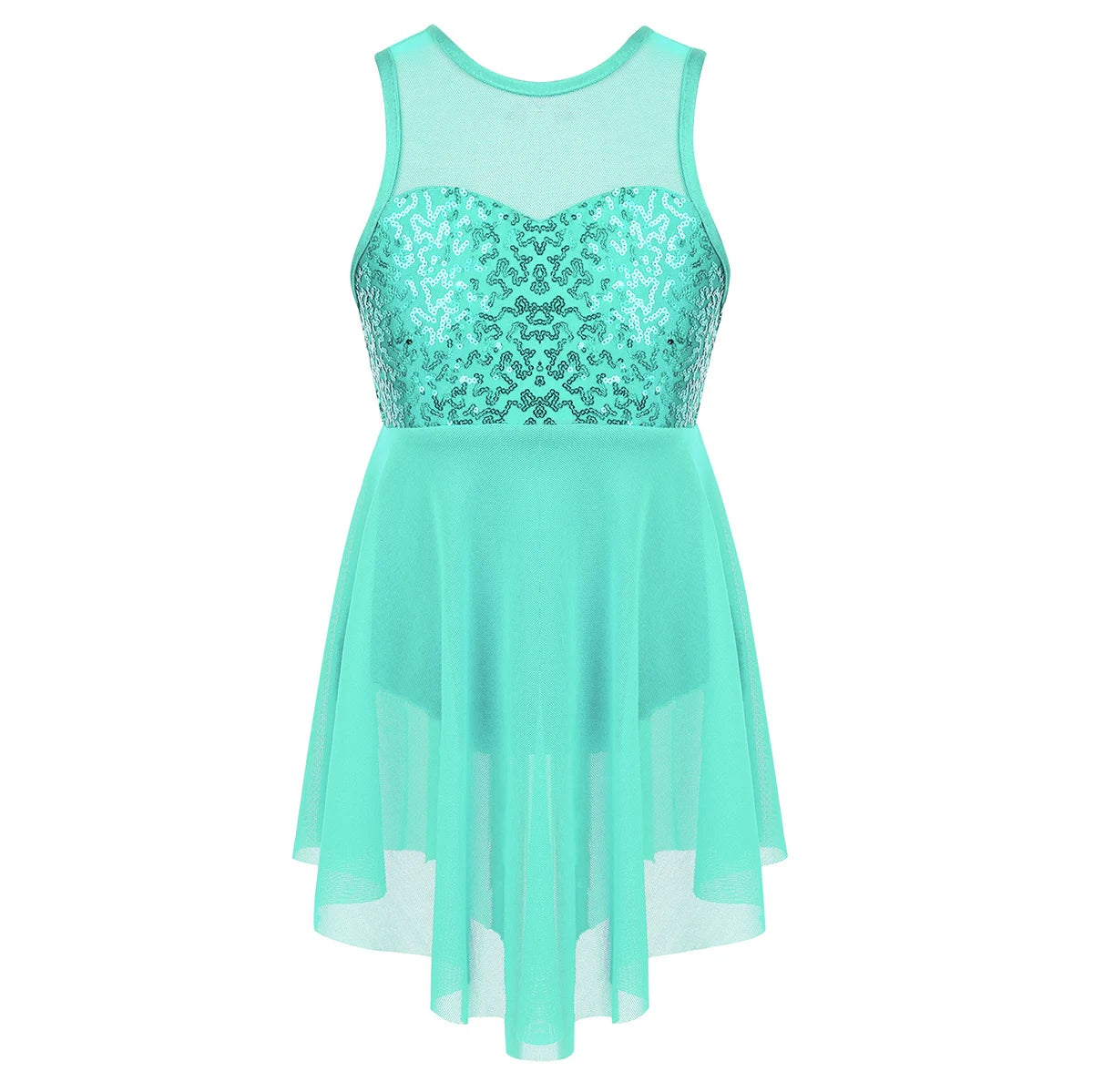 Girls Shiny Rhinestone Jazz Ballet Dance Dress Decorated Collar Sequins Mesh Tassel Hem Dance Leotards Dance Performance Dress