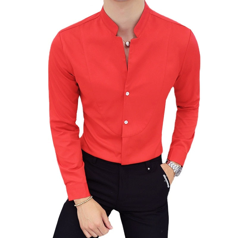 New Men Business Shirts Black/White Fashion Elegant Male Stand Collar Long Sleeve Tops Homme Wedding Party Dresses