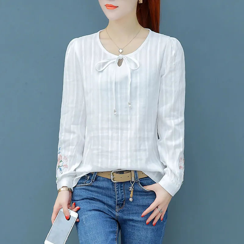 100% Cotton White Shirt Women Long sleeve Embroidery Elegant Ladies Office Blouse Plus size Tops