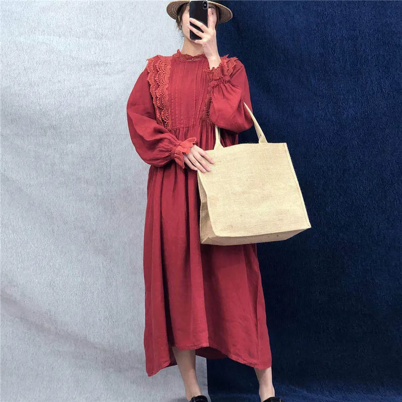 Johnature New Vintage Cotton Linen Embroidery Hollow Out Women Dresses 2023 Summer  Solid Color Ruffles Dress
