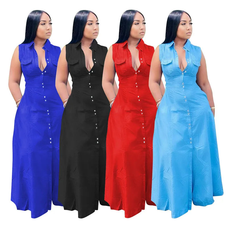 Plus Size Dresses Women Summer Clothing 2021 Wholesale Items Solid Casual Sleeveless Stretch V Neck Maxi Dresses Dropshipping