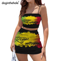 Doginthehole Reggae Design Jamaica Leaf Print Women Club Outfits Sexy Sling Tube Tops and Short Bodycon Dress Summer 2pcs Sets