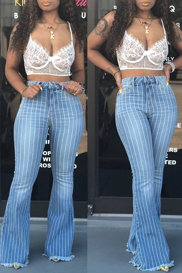 Fashion Striped Woman Flare Jeans Elastic Skinny Denim Wide-Leg Flare Pants Street Hipster Ripped Trousers S-2XL Drop shipping