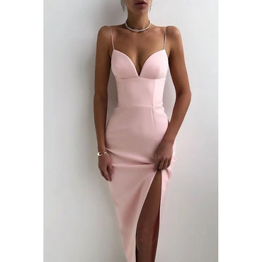 wsevypo Elegant High Slit Midi Bodycon Dress Women Sexy Spaghetti Straps Corset Dress Gown Club Party Vestidos Backless Clothes