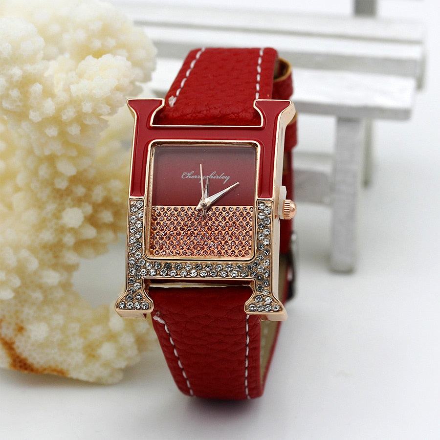 Casual Female Square Shaped WristWatch Leather Paint Rhinestone Designer Ladies Clock Women Dress Luxury Quartz Crystal Watch