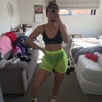 Beach Style Neon Colors Transparent Casual Sexy Mesh Shorts Women Harajuku High Waist Elastic Bodycon Short Sweatpants Club Wear