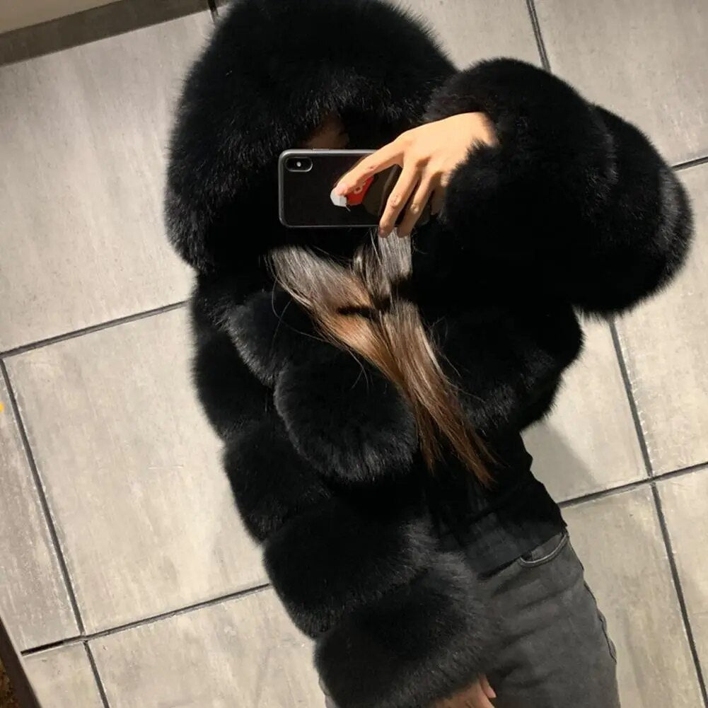 Winter Warm Fashion Hooded Faux Fur Coat Women S-3XL Furry Overcoat Elegant Plush Crop Jacket Femme Color Daily Casual