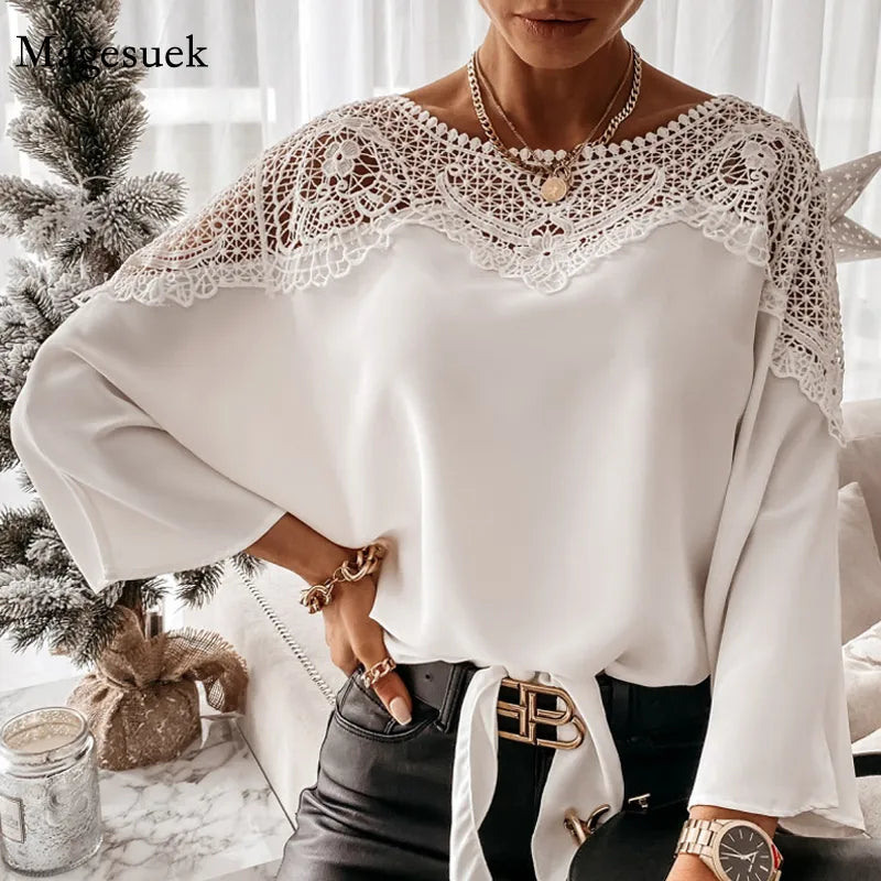 New Crochet Embroidery Lace Blouses Women Autumn Sexy Lace Stitching White Shirts Vintage Elegant Ladies Tops Blusas 12459