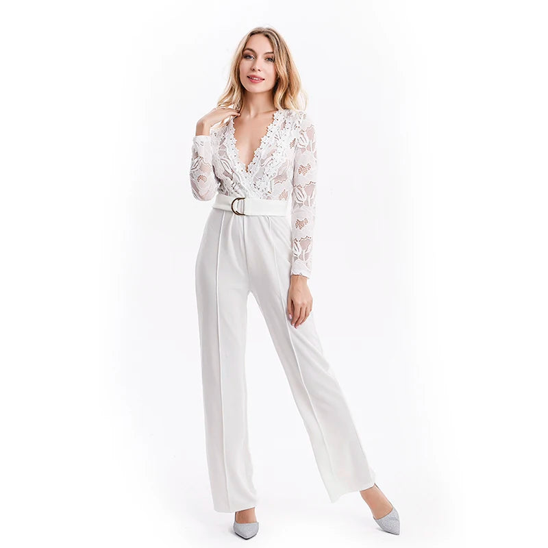 Elegant Lace Rompers Womens Summer Jumpsuit Solid Color Sexy Ladies Casual Long Trousers Overalls White Jumpsuit Office Lady