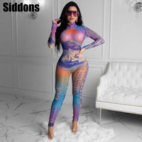 Rich Gyal US Money Dollar Print Jumpsuit Women Sheer Mesh Spliced Long Sleeve Slim Jumpsuit Streetwear Skinny Overalls