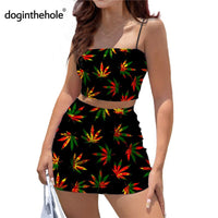 Women Sexy Bodycon 2 Piece Dress Sets Jamaica Leaf Printed New Trend Summer Reggae Style Crop Tops and Mini Skirt Outfits