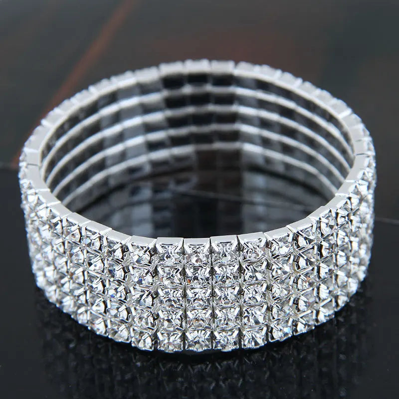 TREAZY 1-10 Rows Rhinestones Bridal Wedding Bangles Gold/Silver Color Crystal Stretch Bracelet Women Wristband Elastic Jewelry