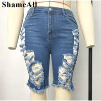 Plus Size Broken Worn Edges Sexy Ripped Hole Tassel Denim Shorts 4XL Women Casual Skinny High Waist Push Up Cut Out Short Jeans