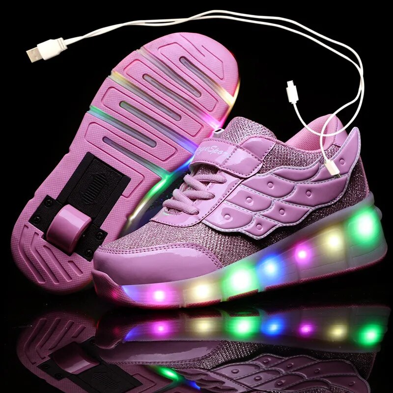 USB Charging Children Roller Skate Casual Shoes Boys Girl Automatic Jazzy LED Lighted Flashing Kids Glowing Sneakers with Wheels