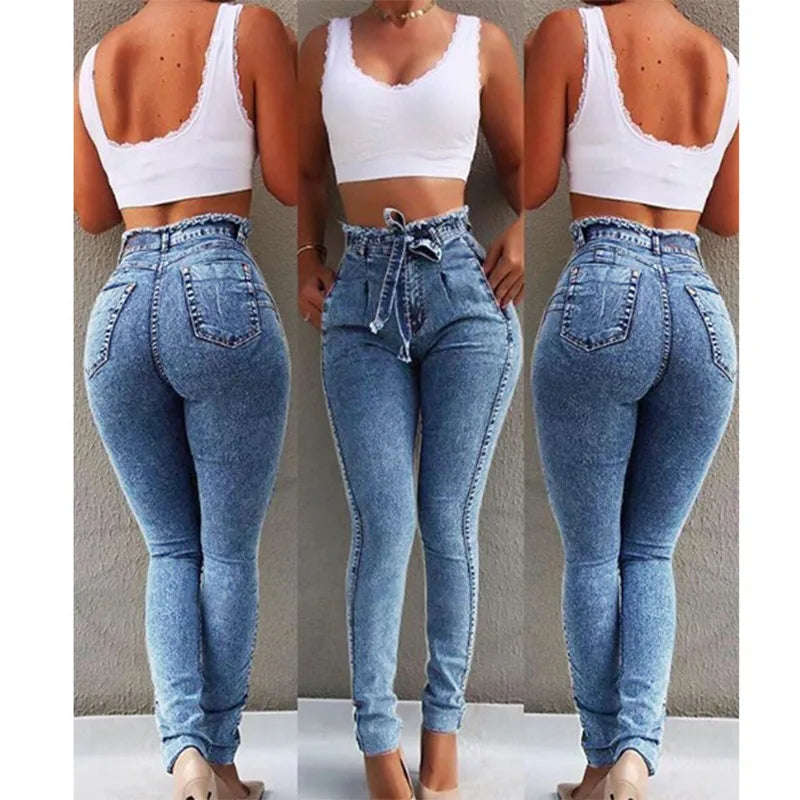 Women's Casual Hip-lifting Slim-fit Jeans Stretch Fringed Belt Pencil Pants High-waisted Denim Trousers Jeans for Women